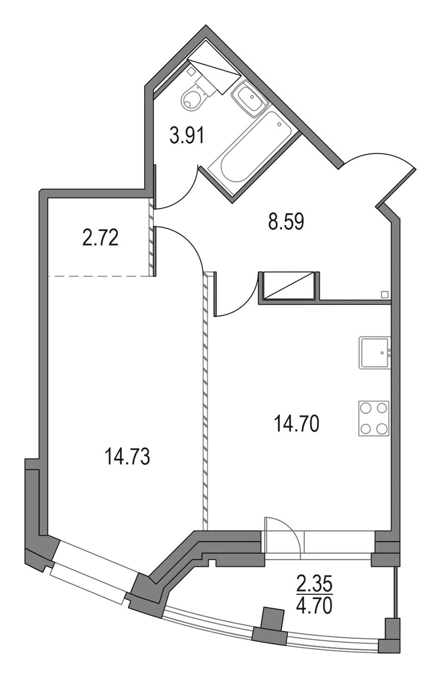1-комнатная квартира 44.65 м², 12/23 эт., ЖК «Приморский квартал»